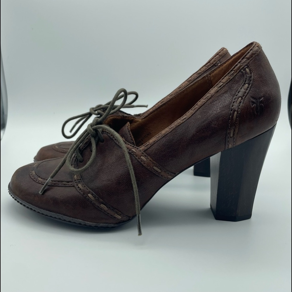 Frye Adrienne Stitch Lace Up Brown Leather Shoes Booties Stack Heel Womens